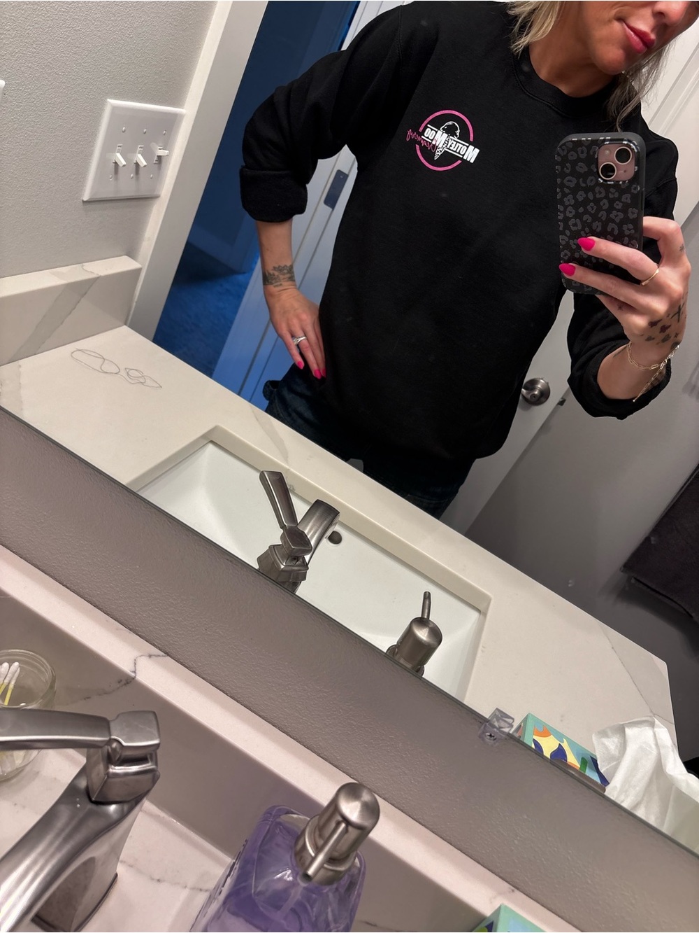 Black Crewneck Sweatshirt Motley Moo in ANCHORAGE AK  with Pink Accent